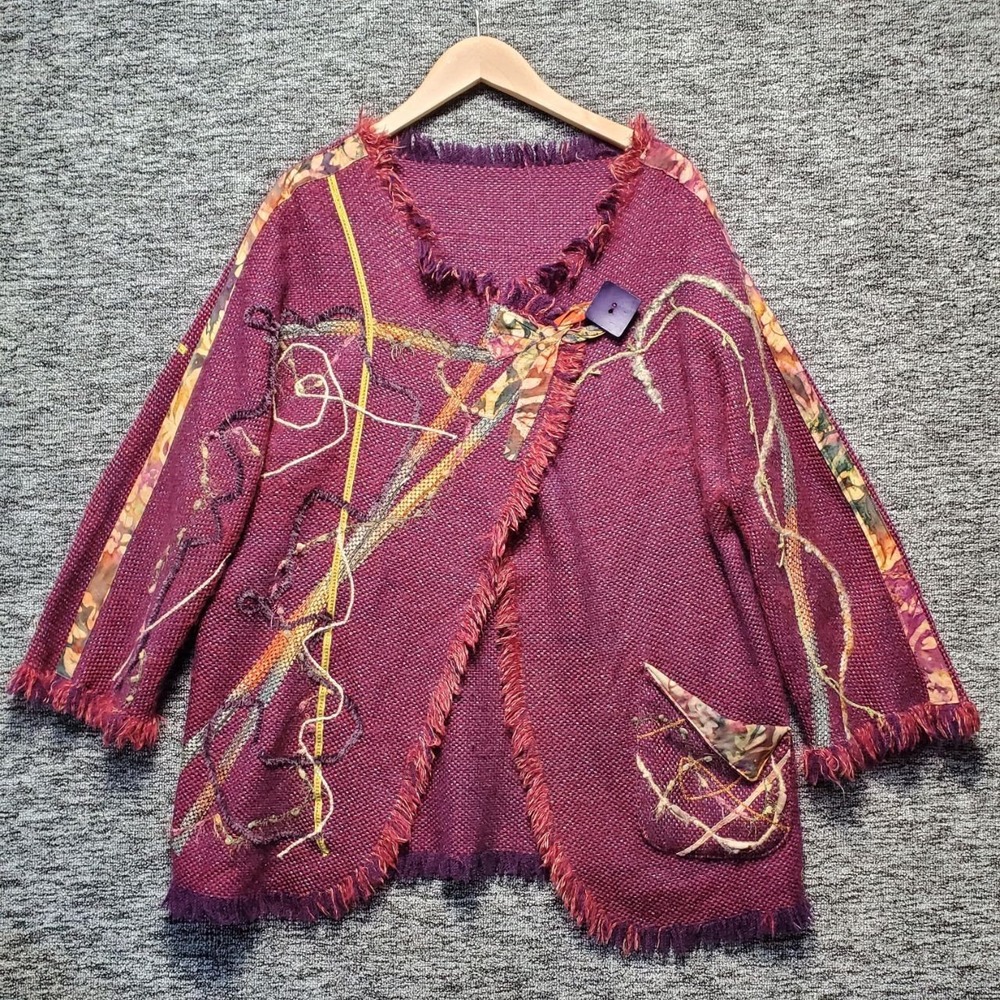 Handmade Art to Wear Cardigan Jacket Womens XL Purple Abstract Fringed Lagenlook